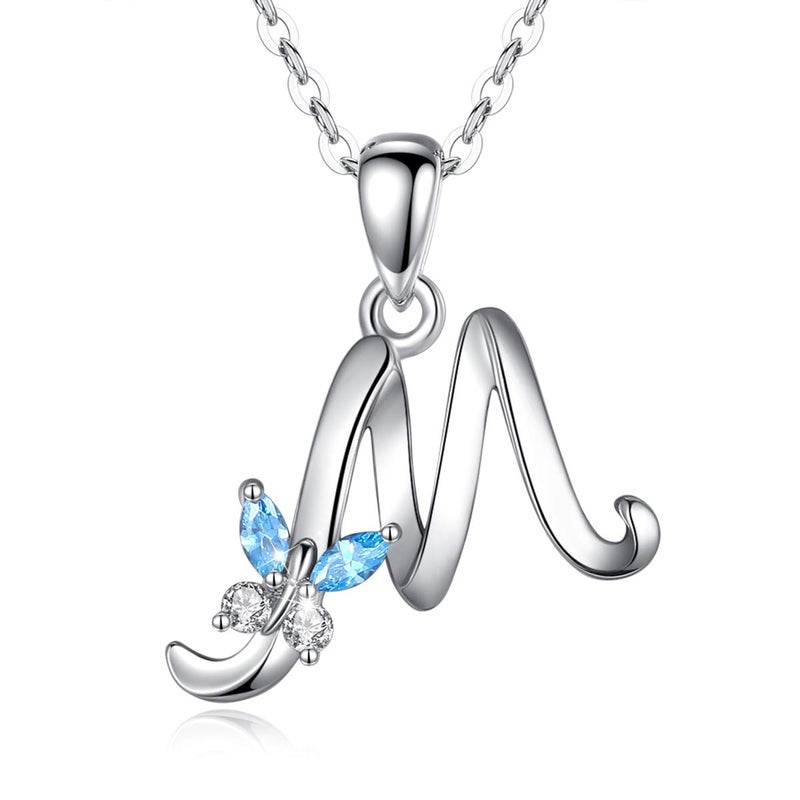 EUDORA Sterling Silver Initial M Necklaces for women Alphabet M Necklace Initial Personalized Letter M Pendant with Blue Cubic Zirconia Butterfly 18" Chain - Image 1